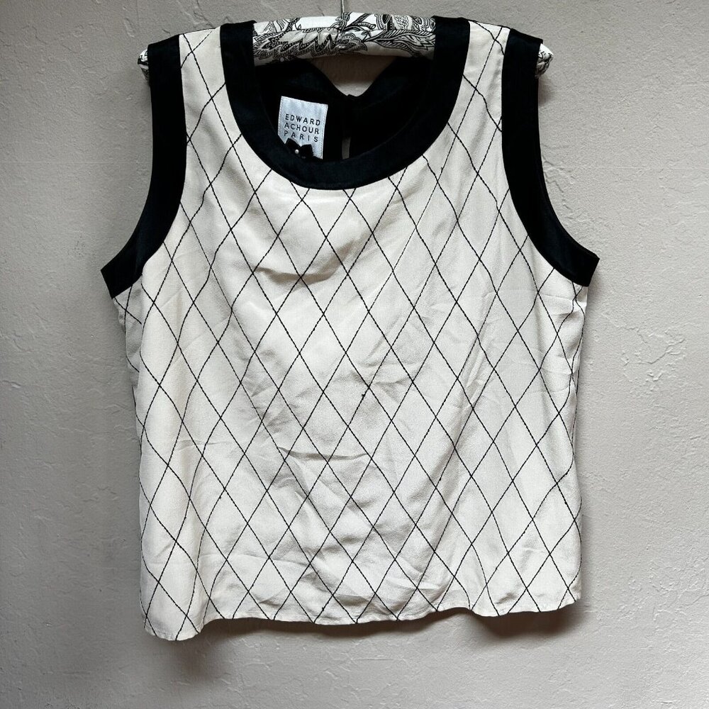 Edward Achour Paris Womens Sleeveless Silk Top Size 46 Cream/Black Diamond Print